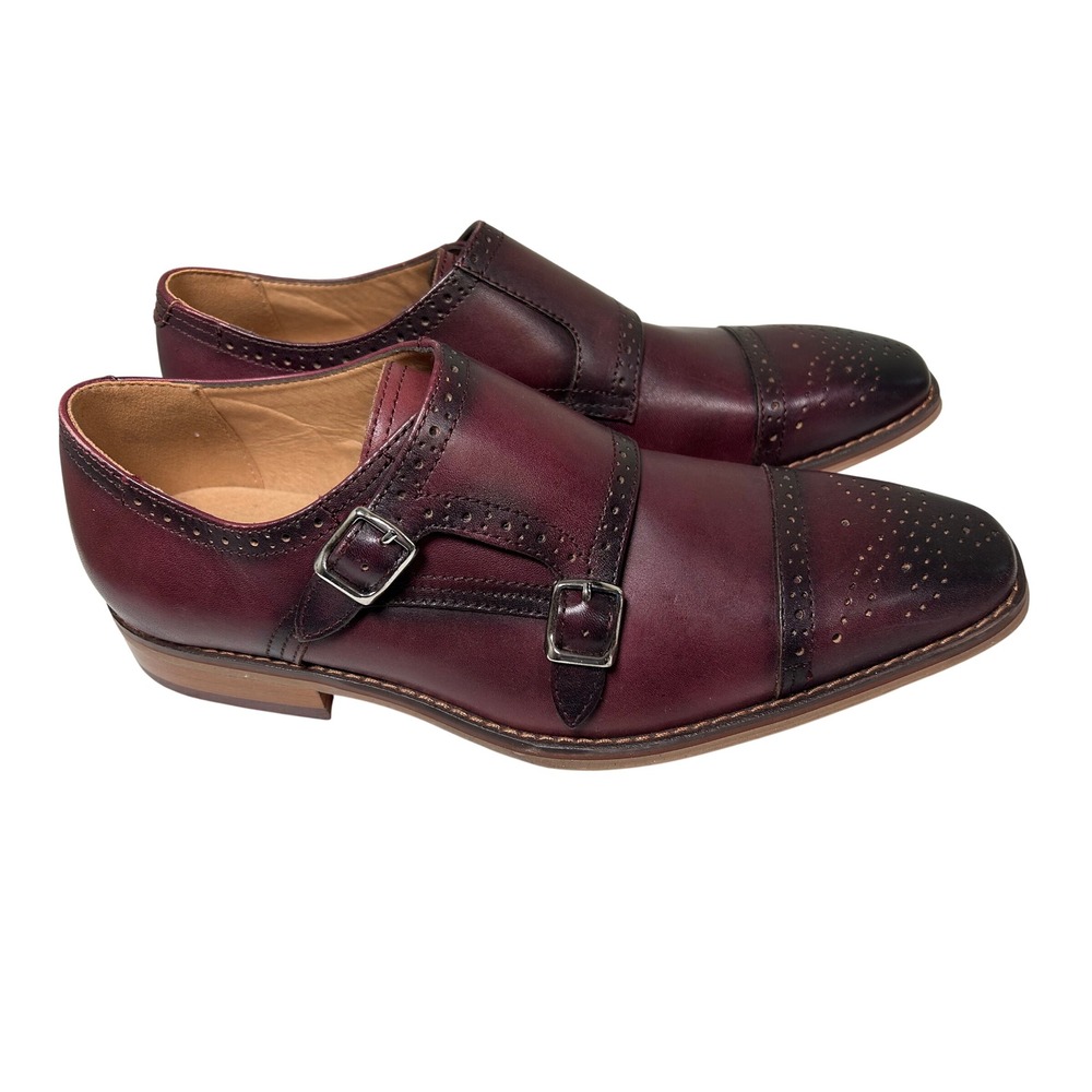 La Milano Lonzo Double Monk Strap Men's 10 Burgundy Leather Brogue Cap Toe Shoes